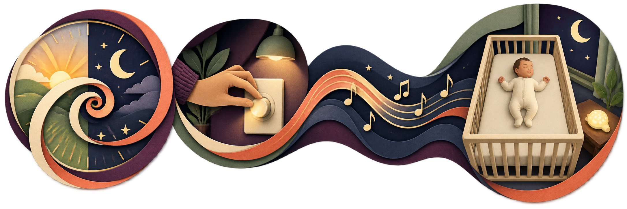 A circadian day-night dial flows through dim light and a bedtime song toward a baby resting safely in a bare crib.