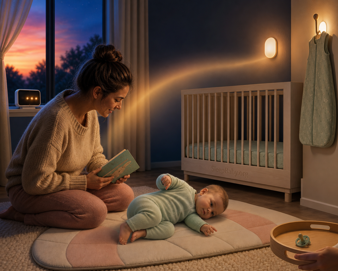 Awake five-month-old practicing rolling near an empty crib as sunset becomes bedtime