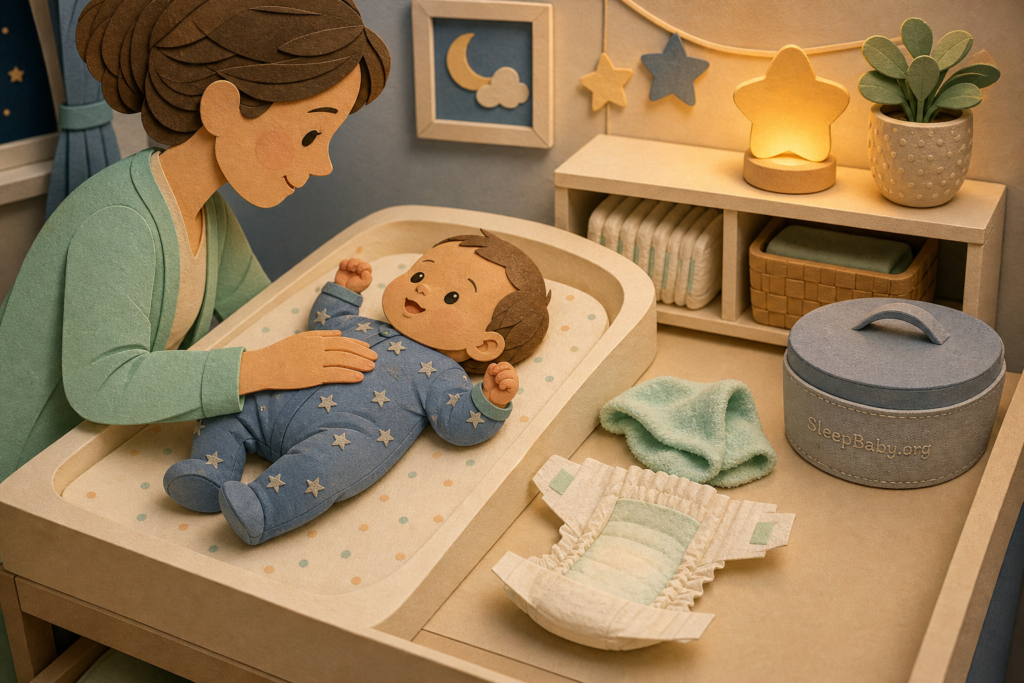 An awake baby rests on a changing pad as a caregiver maintains contact beside a clean diaper, soft cloth, pajamas, and lidded bin.