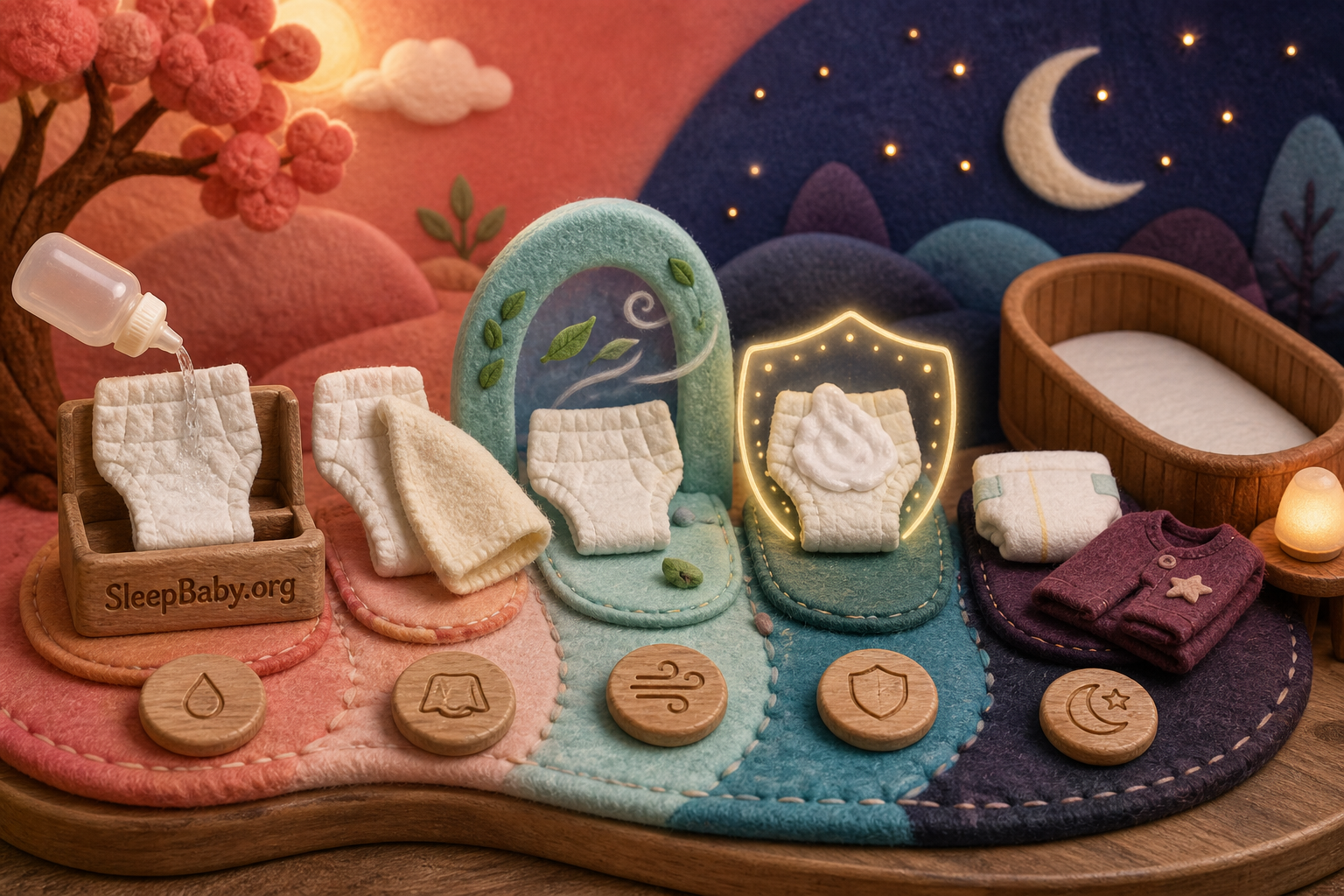 Felt care path moves from rinse and pat dry through barrier protection, a fresh diaper, pajamas, and a safe bassinet.