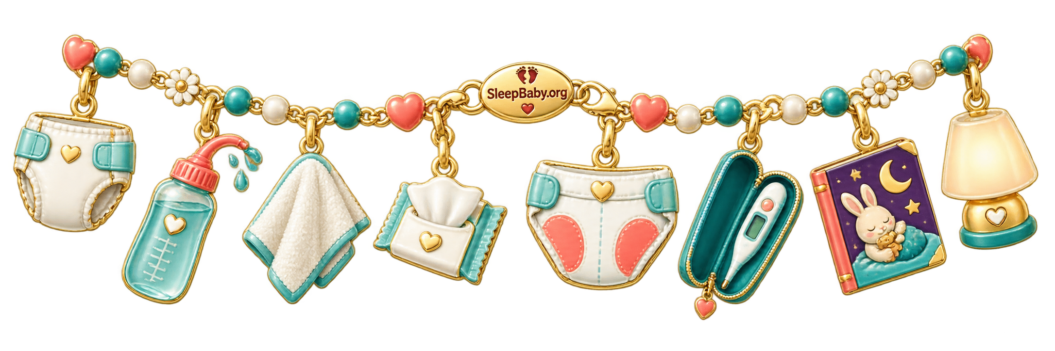 Notice ribbon with diaper, rinse-bottle, soft-cloth, wipe, thermometer-case, bedtime-book, and nightlight charms.