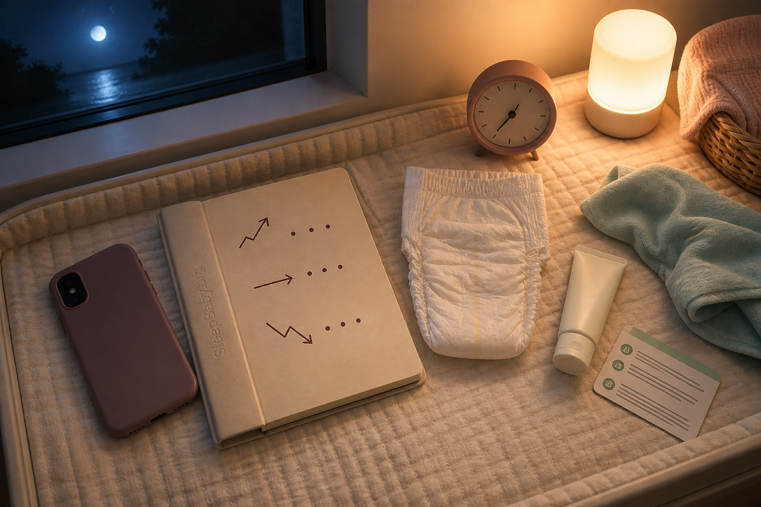 Face-down phone and private progress notebook sit beside diaper-rash supplies under a nightlight.