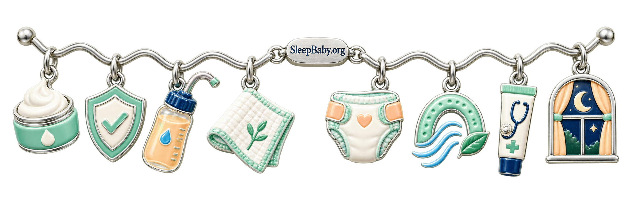 Protect ribbon with barrier-cream, shield, rinse-bottle, cloth, diaper, airflow, closed-medicine, and moonlit-window charms.