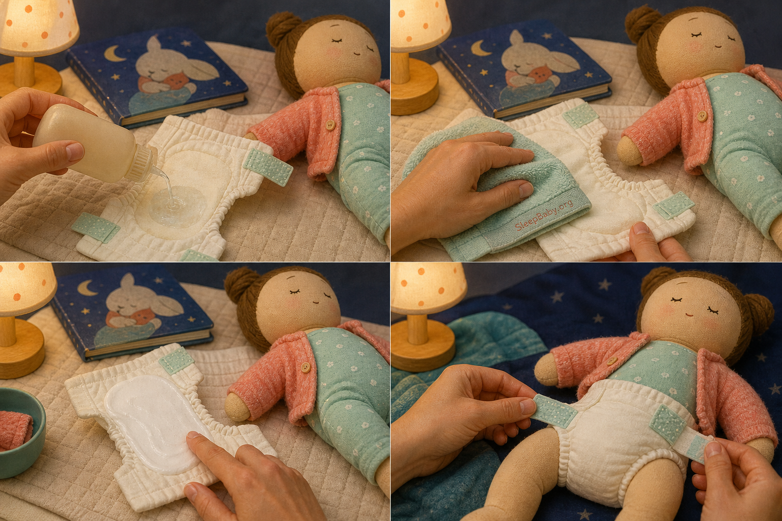 Clothed teaching doll demonstrates rinse, pat dry, thick barrier, and a loosely fastened fresh diaper.