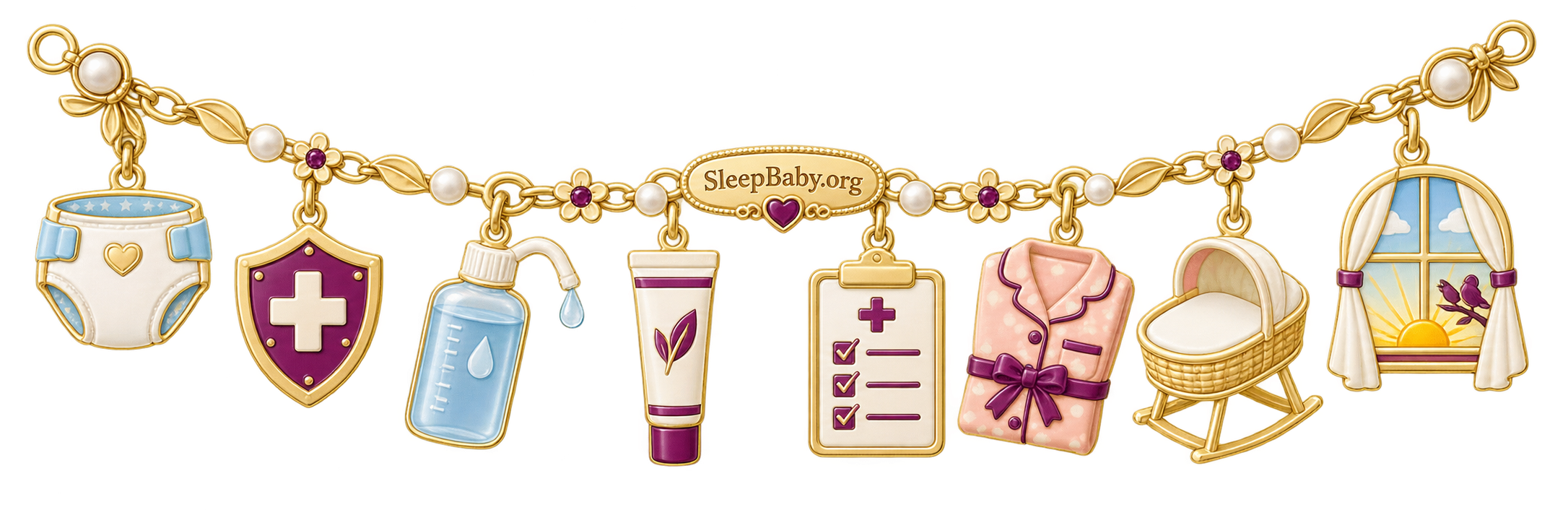 Settle ribbon with clean-diaper, shield, rinse-bottle, closed-cream, care-plan, pajamas, bassinet, and dawn-window charms.