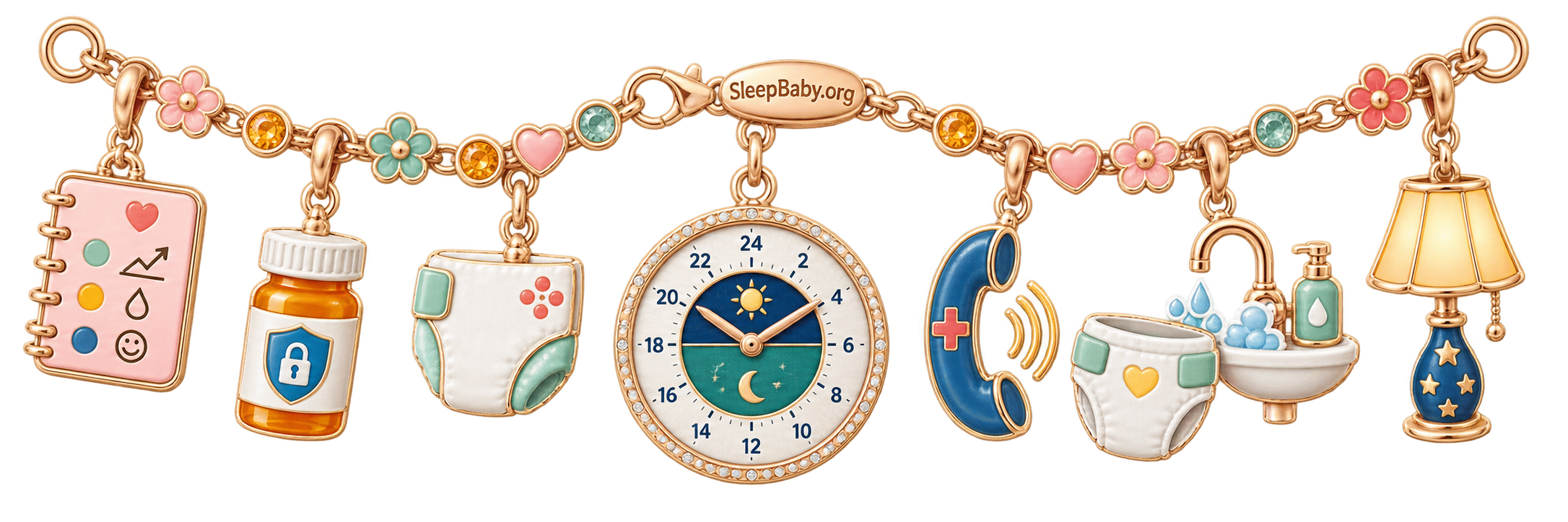 Watch ribbon with private-notes, closed-medicine, diaper, clock, clinician-phone, handwashing, and evening-lamp charms.