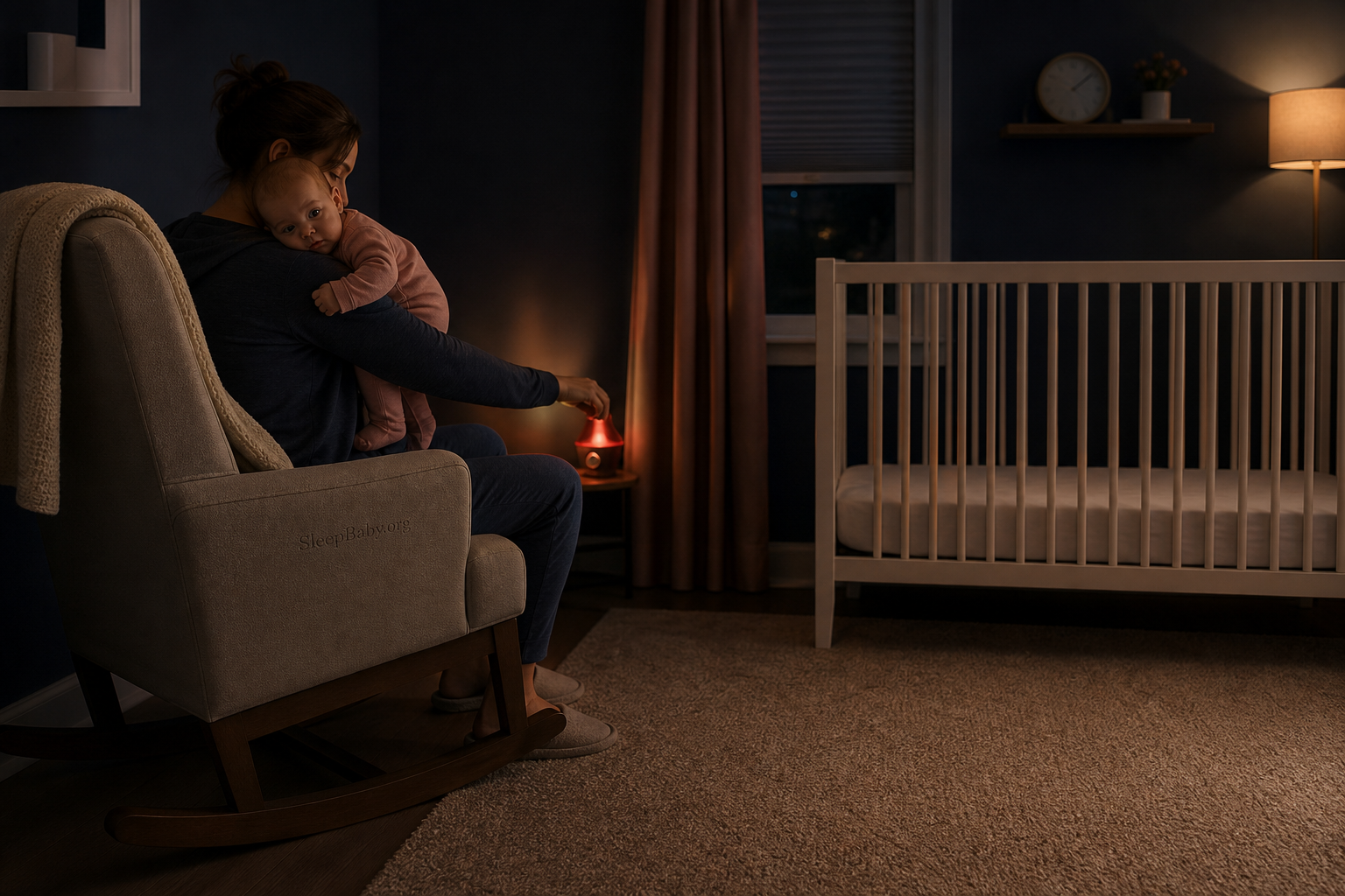 Caregiver holding an awake baby turns down a distant red nursery lamp before returning the baby to an empty crib
