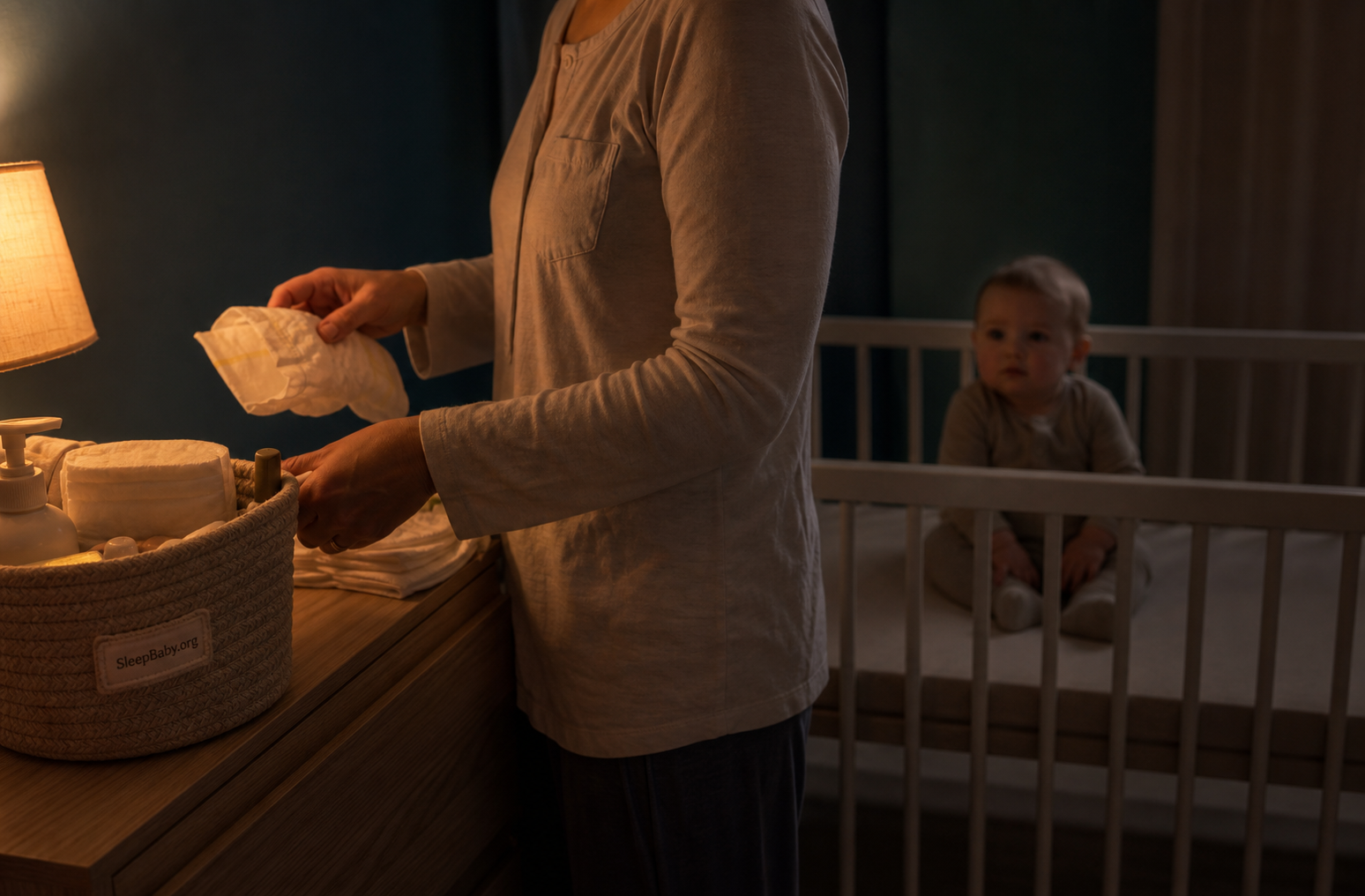 Caregiver preparing a diaper under a dim amber lamp while an alert baby waits safely in an empty crib
