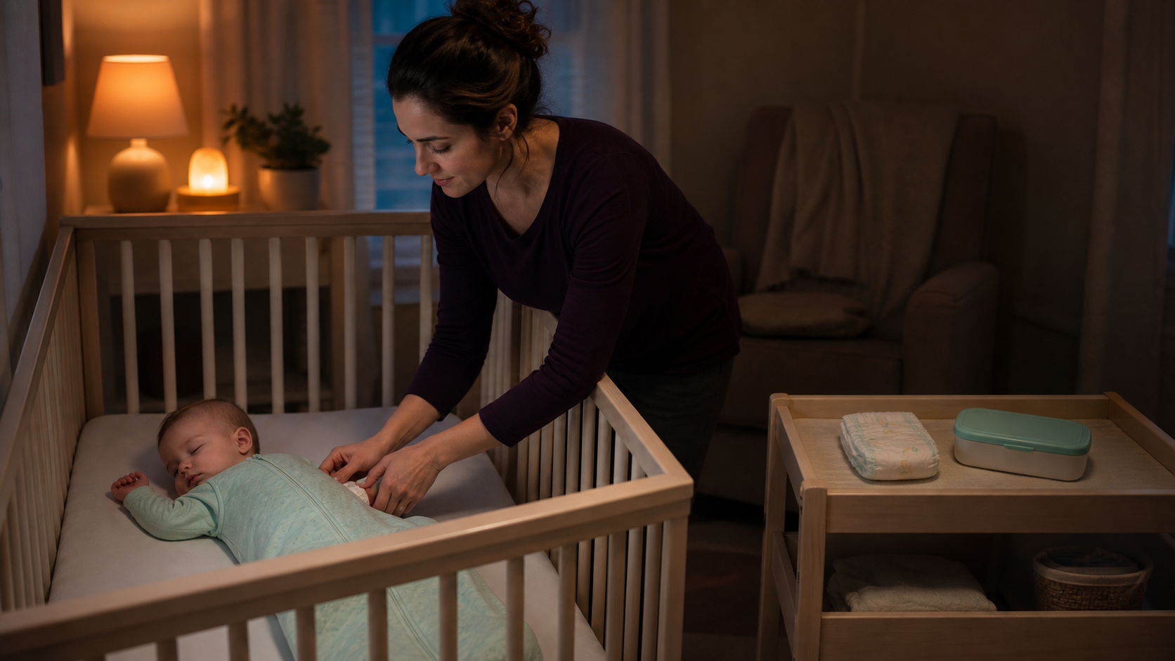Caregiver checks a sleeping baby’s diaper waistband beside a bare crib in dim nursery light