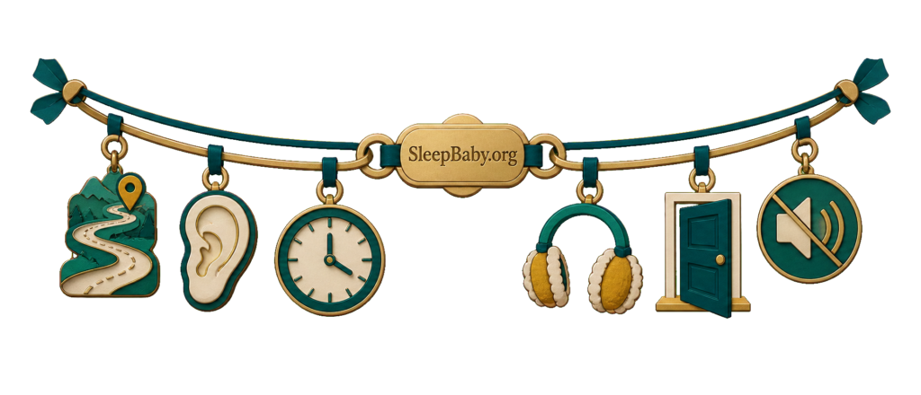 Teal double-arc charms pair a distance path, listening ear, clock, child earmuffs, open exit and lowered speaker for safer loud-noise choices.
