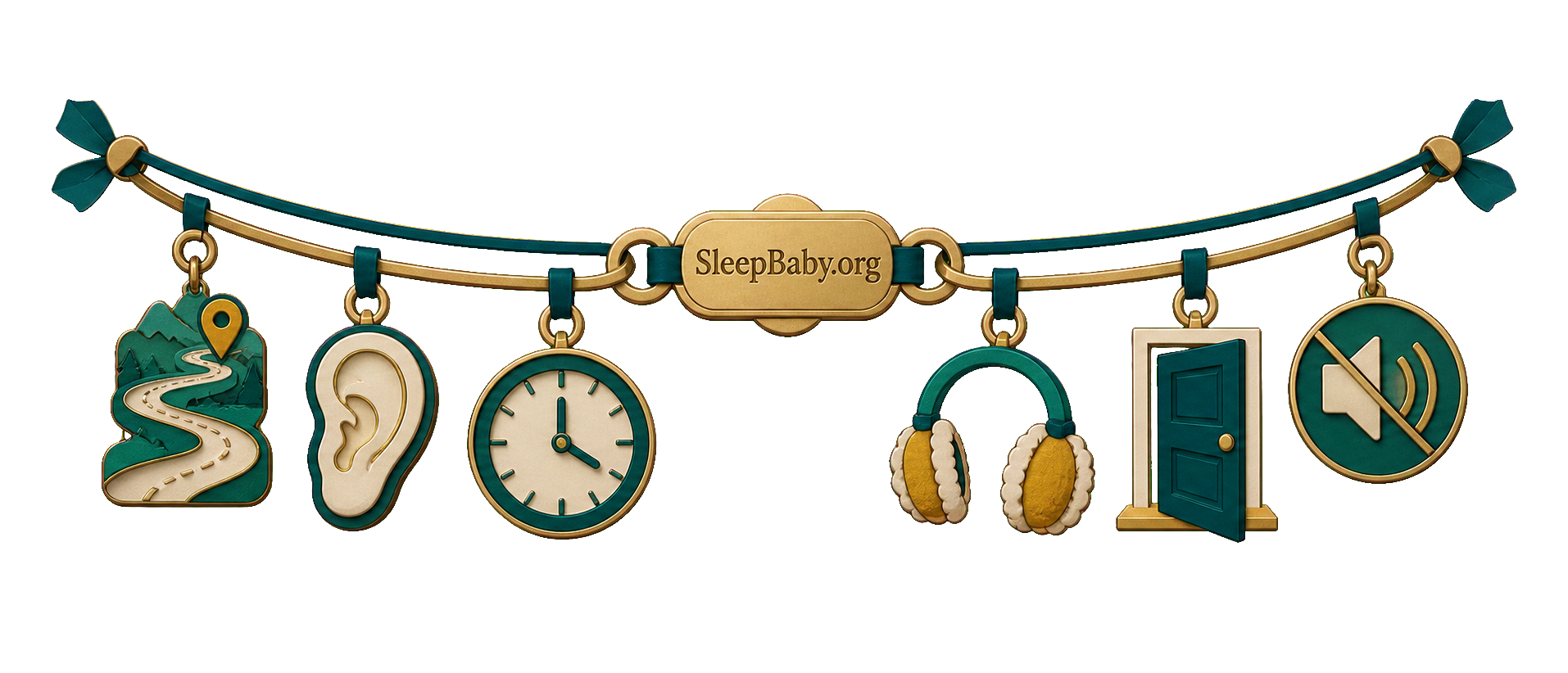 Teal double-arc charms pair a distance path, listening ear, clock, child earmuffs, open exit and lowered speaker for safer loud-noise choices.