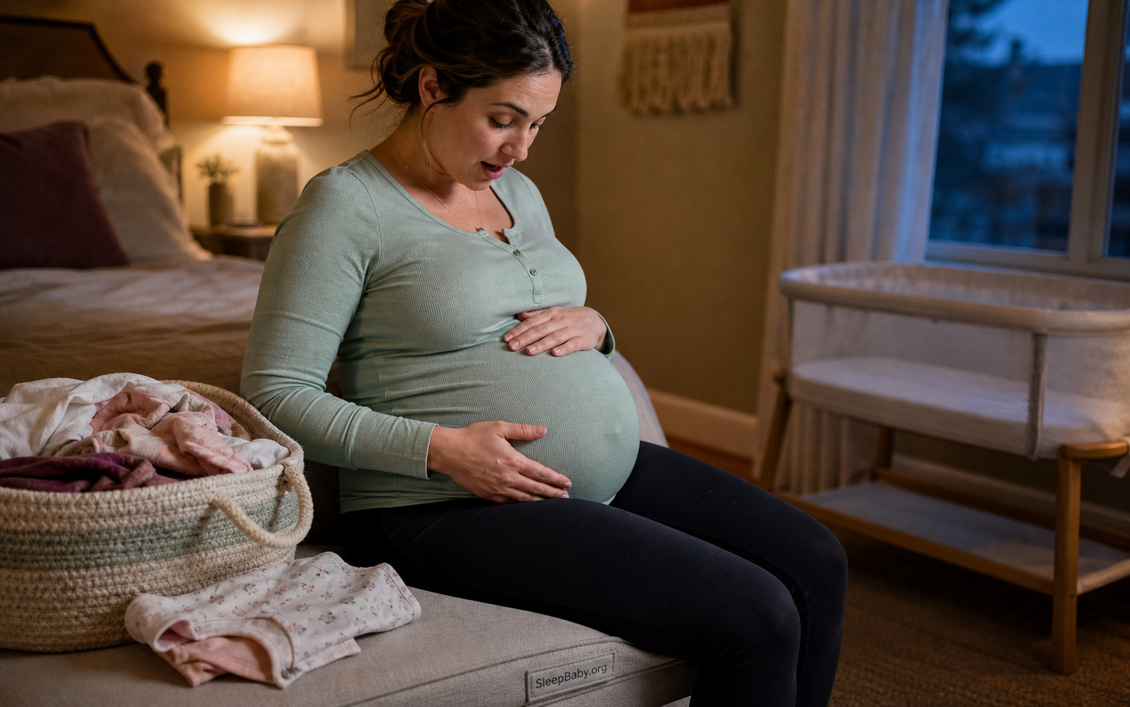 Pregnant parent pauses from an evening routine to notice gentle belly movement in a calm bedroom