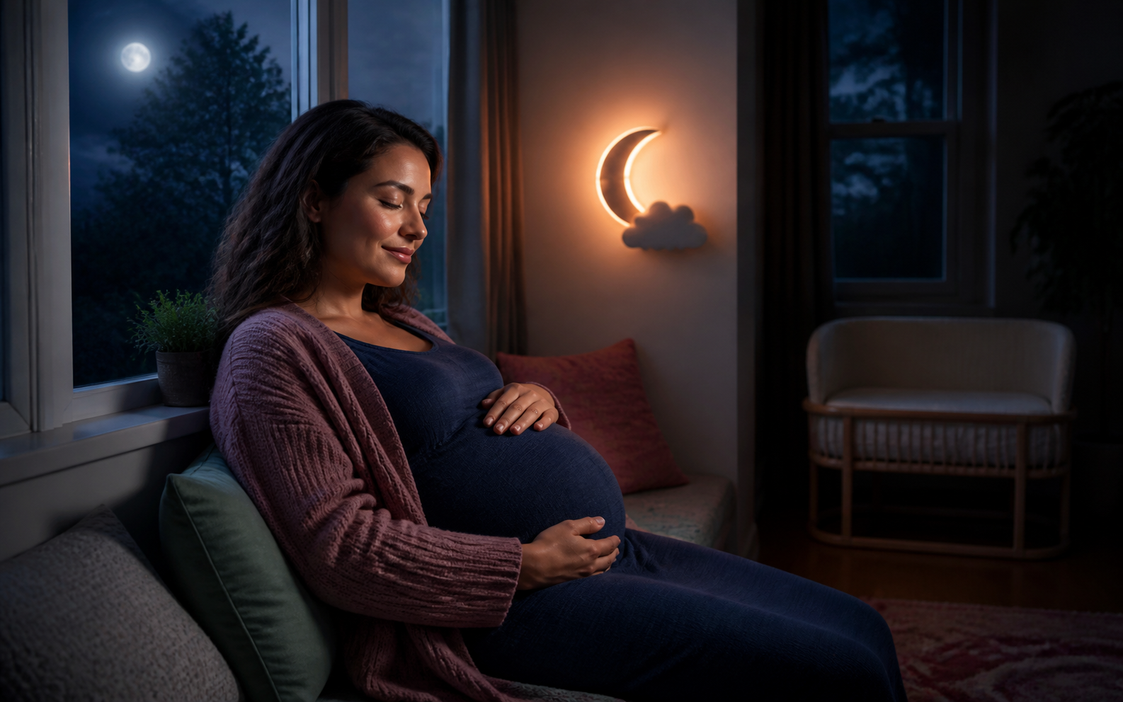 Pregnant parent resting at night with one hand on their belly beside a softly lit bassinet prepared for later