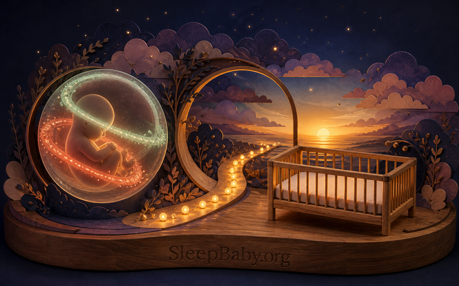 Dimensional teaching scene tracing developing fetal rest rhythms toward a safely prepared empty bassinet at dawn