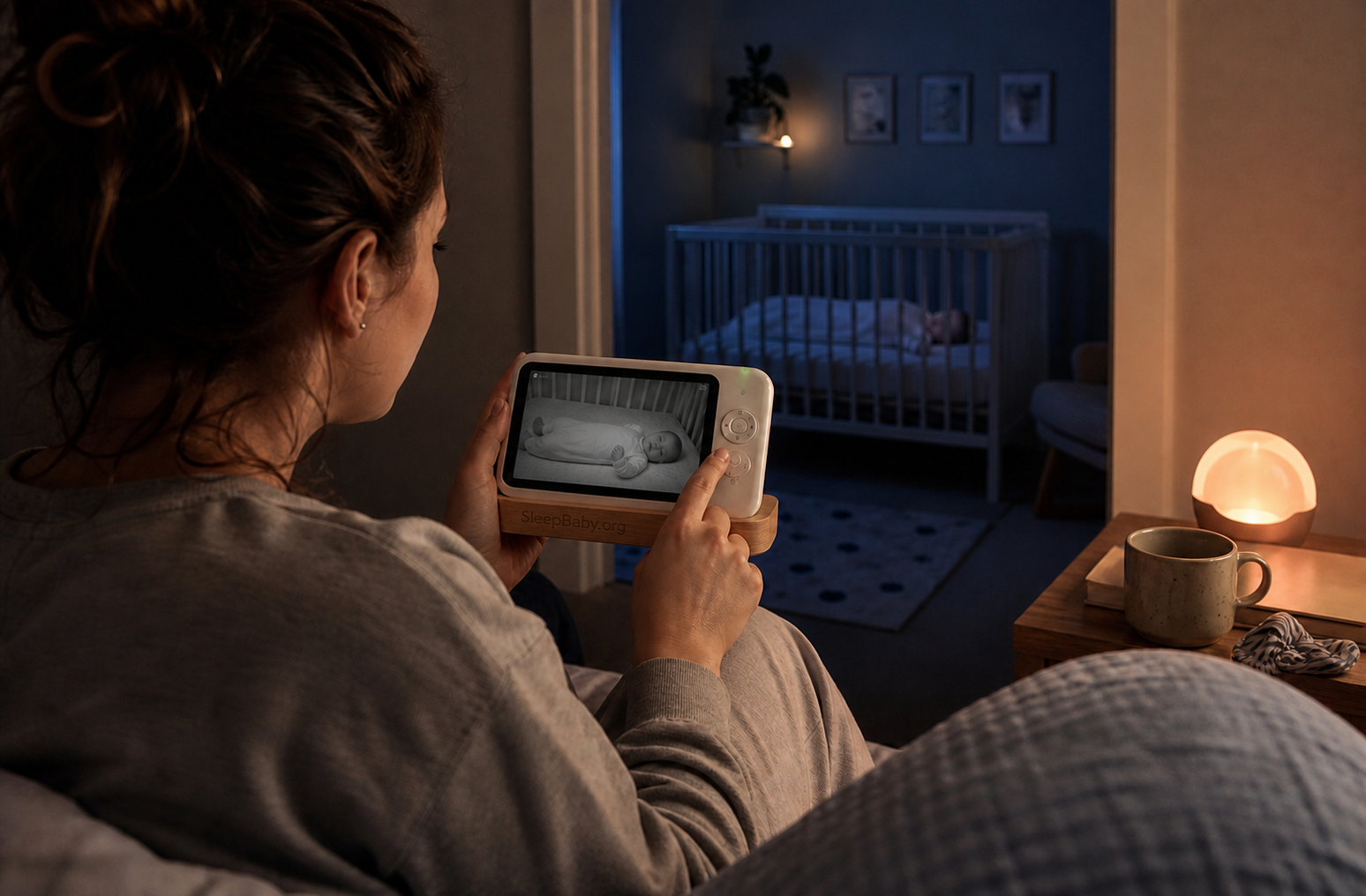 Parent checking a live-only baby monitor after a nighttime sound while the baby sleeps safely in the crib