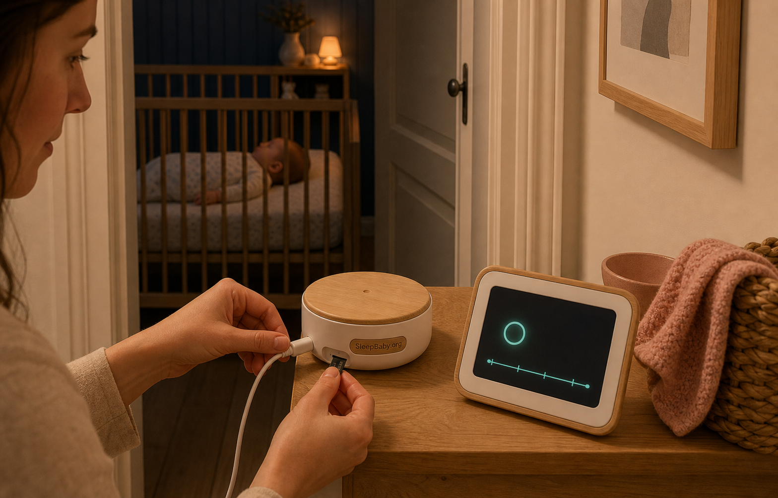 Caregiver inserting a microSD card into a powered baby monitor outside the crib area while the baby sleeps