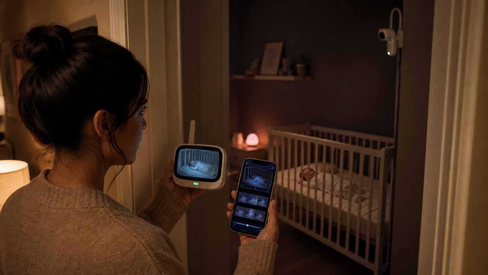 Caregiver compares a live baby monitor screen with playback history on a phone while a baby rests safely in a crib