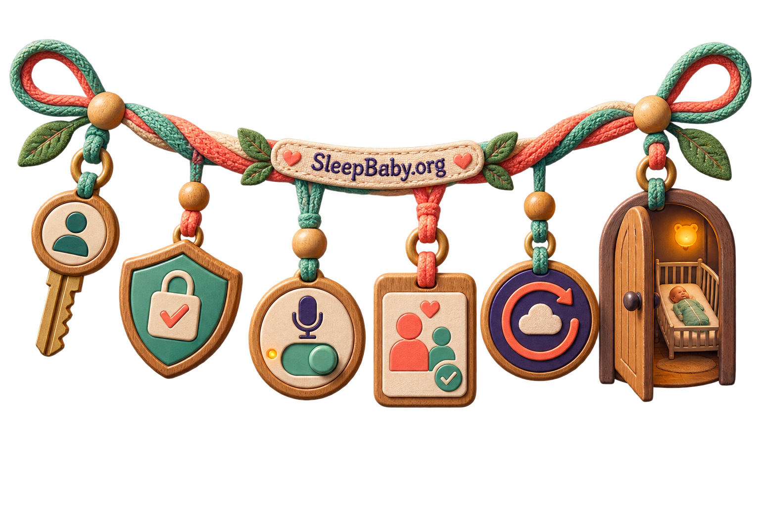 Privacy ribbon with an account key, two-factor shield, microphone control, caregiver permission, software update, and closed nursery door
