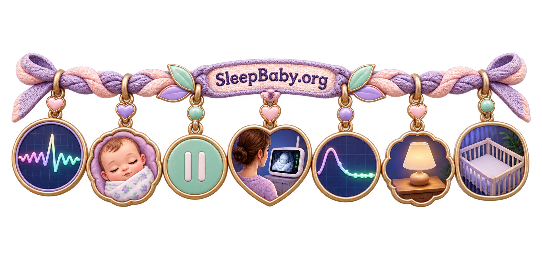 Sleep-review ribbon showing a brief stir, closed eyes, quiet pause, caregiver glance, resettling, dim lamp, and safe crib