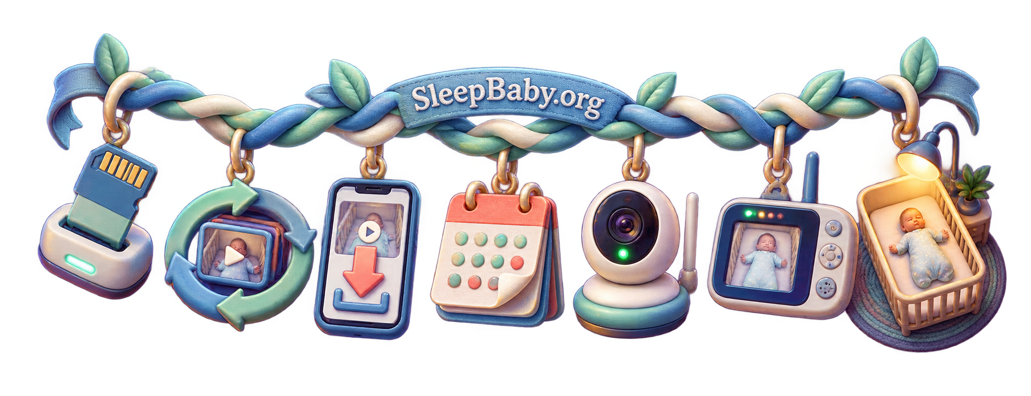 Storage ribbon with a card slot, overwrite loop, download arrow, calendar, powered camera, parent unit, and sleeping crib