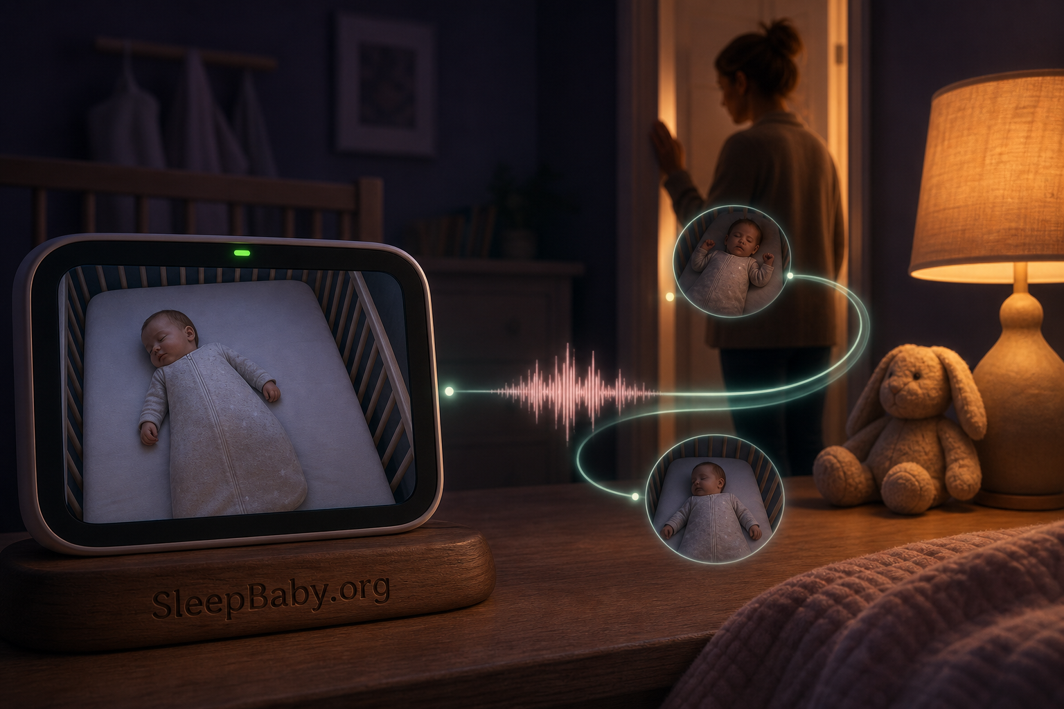 Live monitor view of a sleeping baby beside a timeline showing an earlier sound, caregiver check, and resettling
