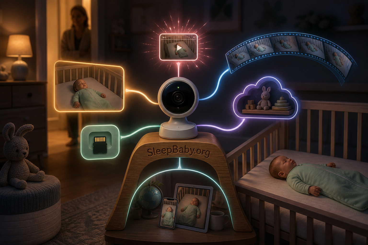 Six baby-monitor video paths leading to one nursery: live view, event clips, rolling playback, local recording, cloud history, and hybrid storage