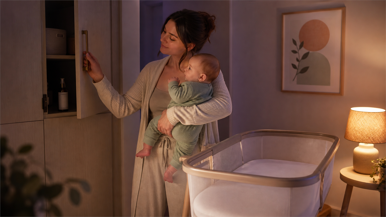 Caregiver closes a high cabinet containing an unused spray bottle while holding an awake baby beside an empty firm flat bassinet.