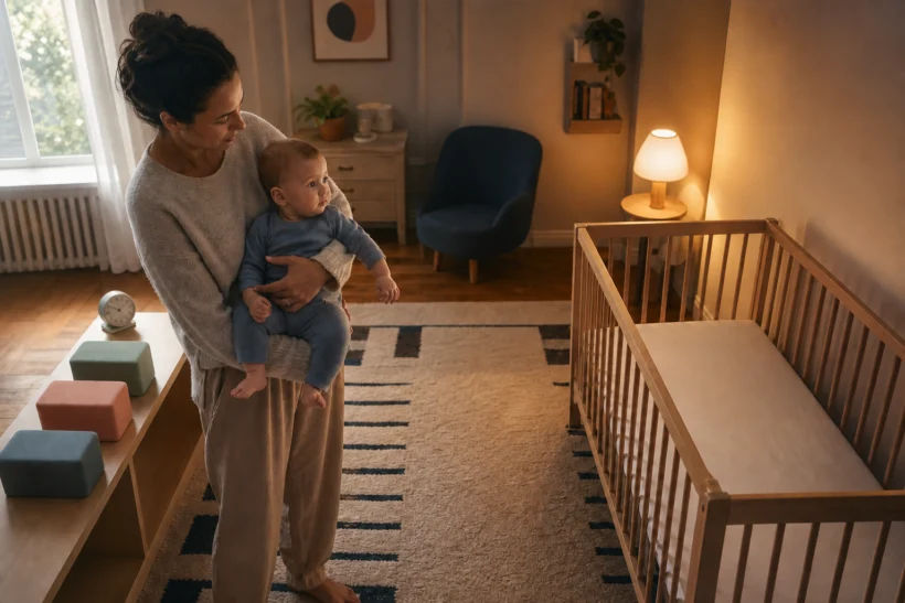 A caregiver holds an awake baby between nap blocks, a bedtime clock, changing day-to-night light, and a firm, flat, empty crib.