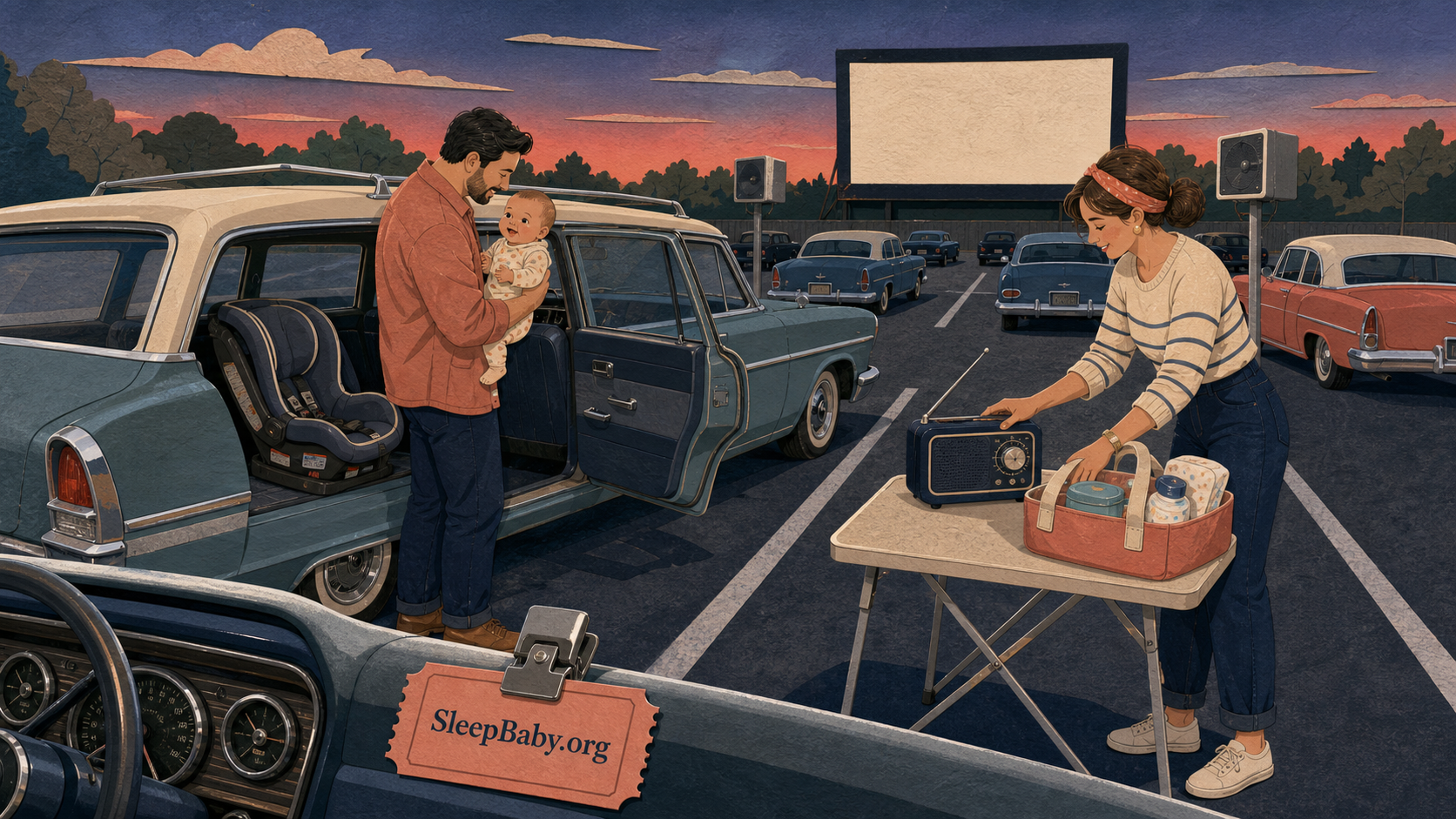 Editorial illustration shows a parent lifting an awake baby from an empty rear-facing car seat after parking while another parent sets a radio and baby-care caddy on a stable table.