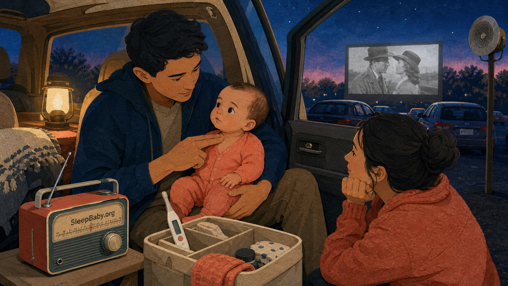 Editorial illustration shows a parent checking an awake baby's upper chest beside a low portable radio and thermometer at an open parked car while another adult watches the baby's cues.