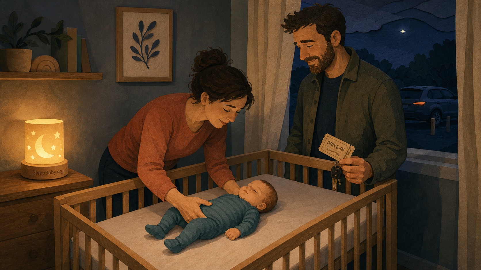 Nighttime editorial illustration shows a parent placing a baby on their back in a clear crib with a fitted sheet only while another parent holds drive-in tickets and car keys nearby.