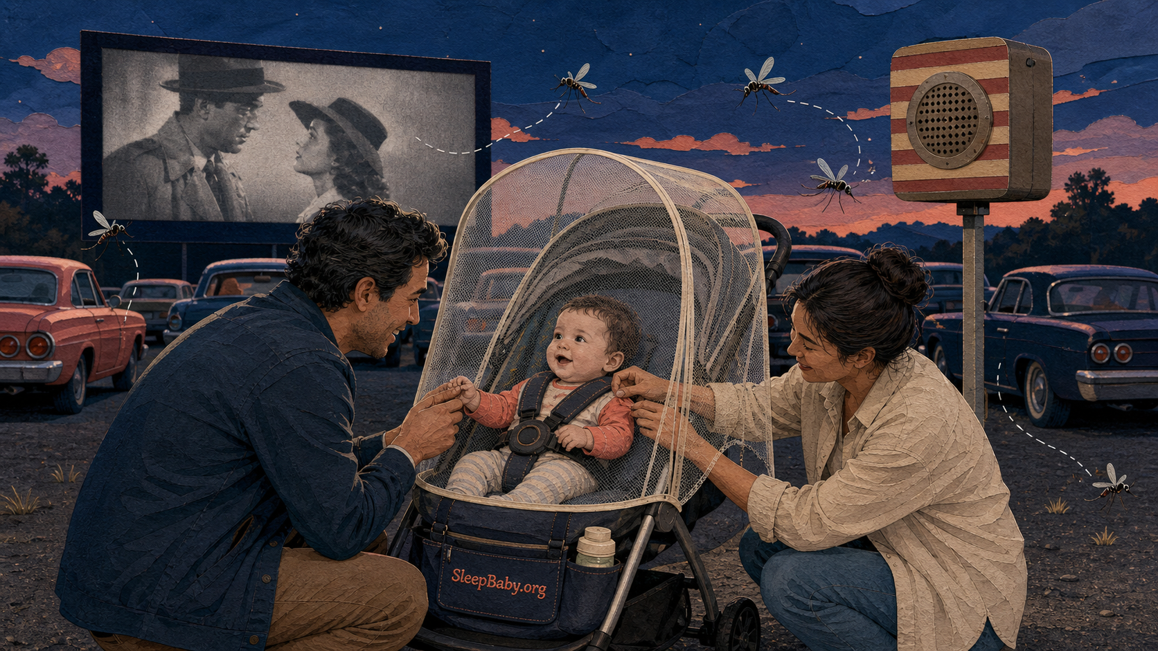 Editorial illustration shows an awake baby under a secured stroller mosquito net while both parents remain within arm's reach at a drive-in and mosquitoes stay outside the mesh.