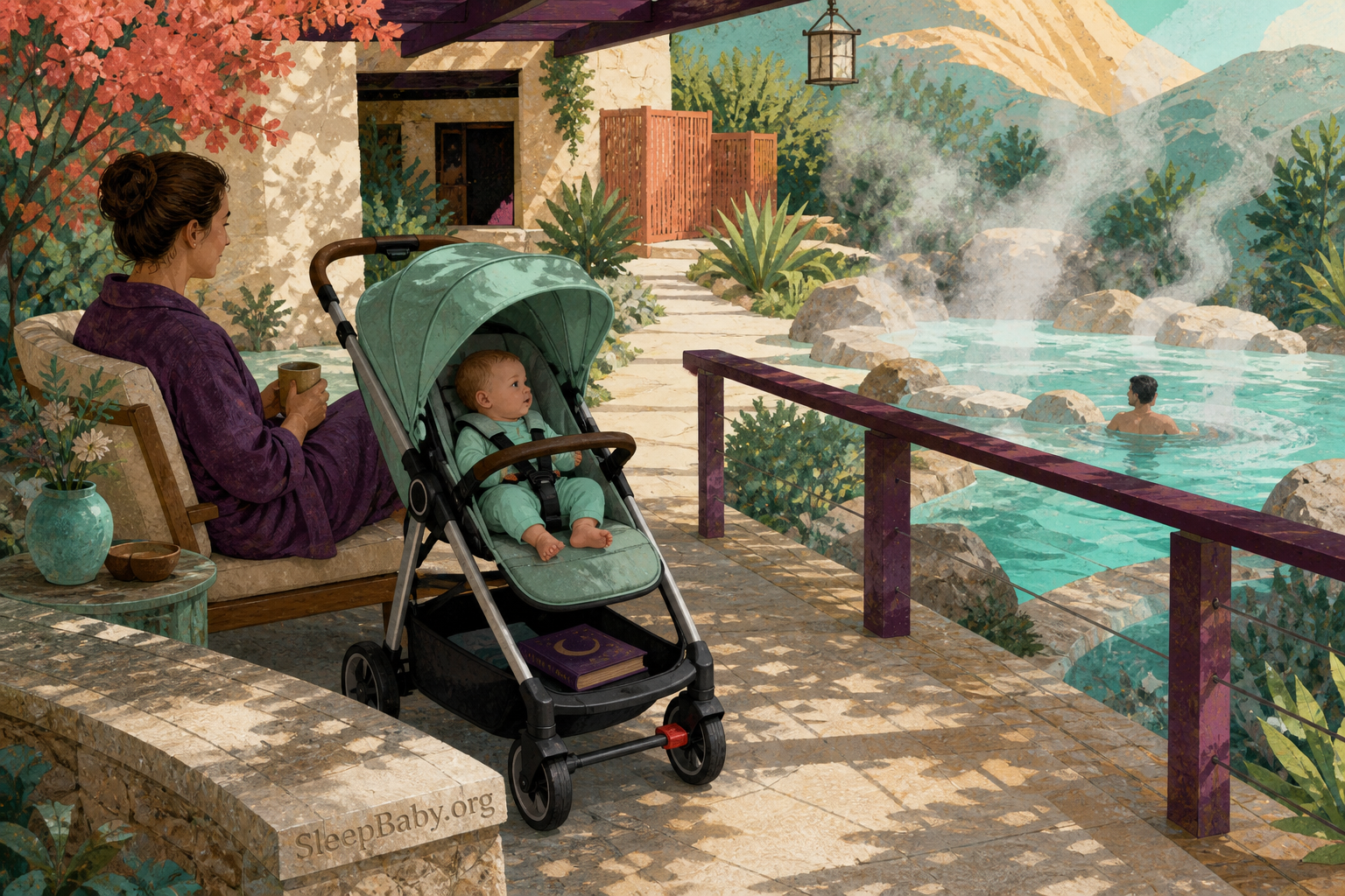 Gouache illustration shows an awake baby harnessed in a brake-set stroller with a dry caregiver behind a railing while another adult soaks farther away.