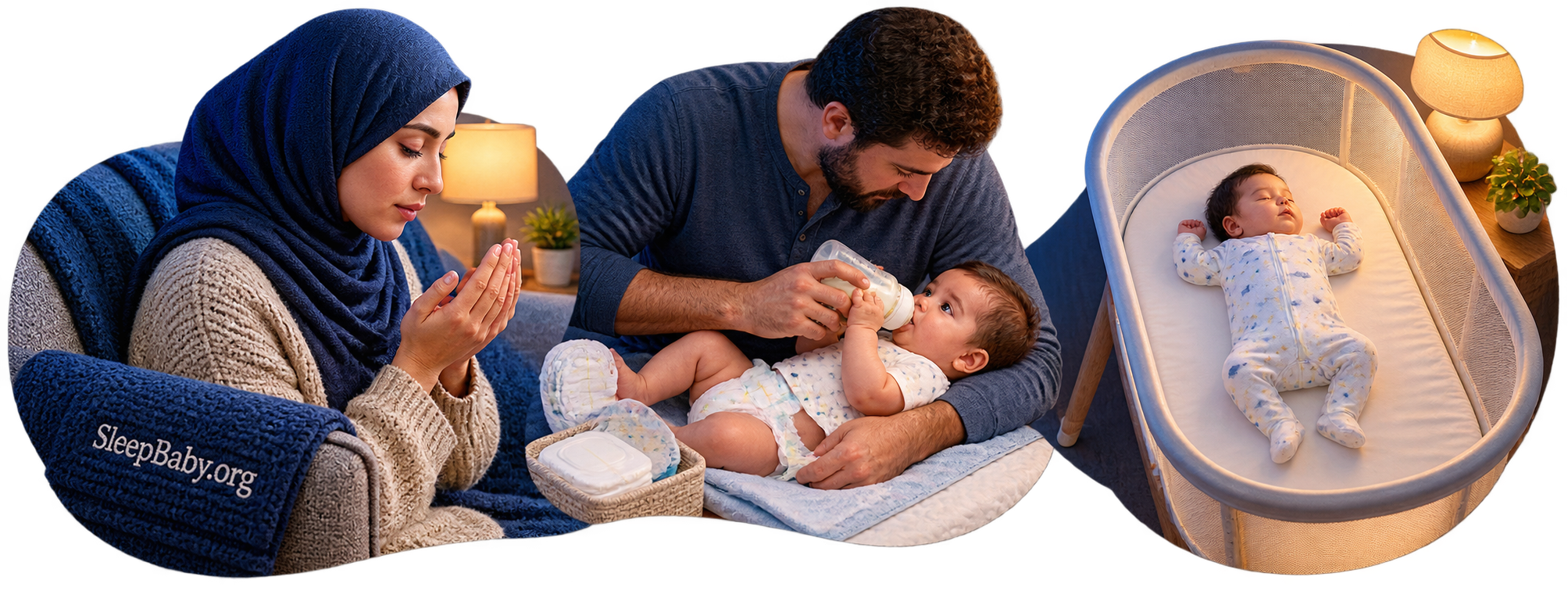 Transparent teaching rail moves from supplication through feeding and diaper checks to baby on the back in a bare bassinet.