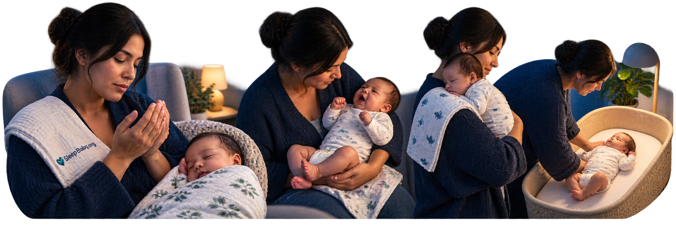 Transparent night rail shows recitation, ordinary waking, calm responsive care, and a second safe bassinet handoff.
