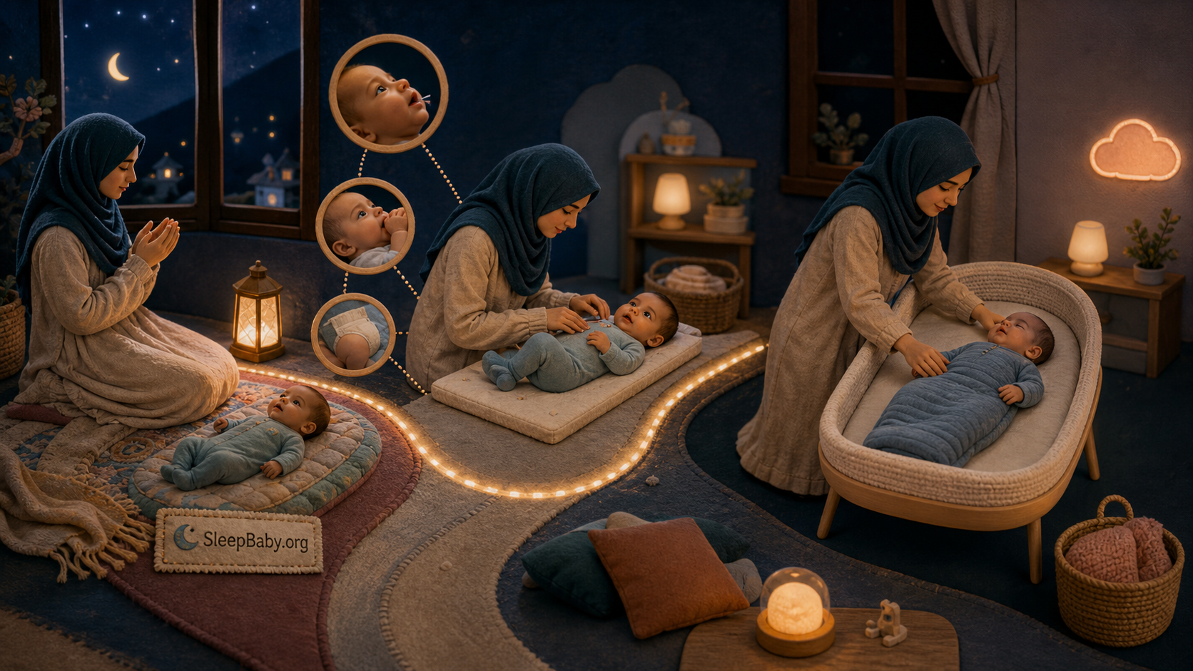 Night path moves from quiet dua through feeding, breathing and diaper checks to back sleep in a bare bassinet.