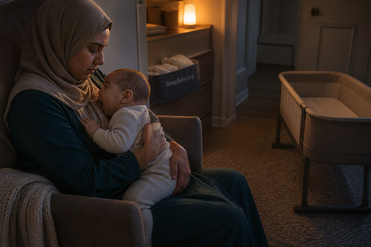 Muslim caregiver notices an awake baby's rooting cue beside a dim transfer path and an empty bassinet.