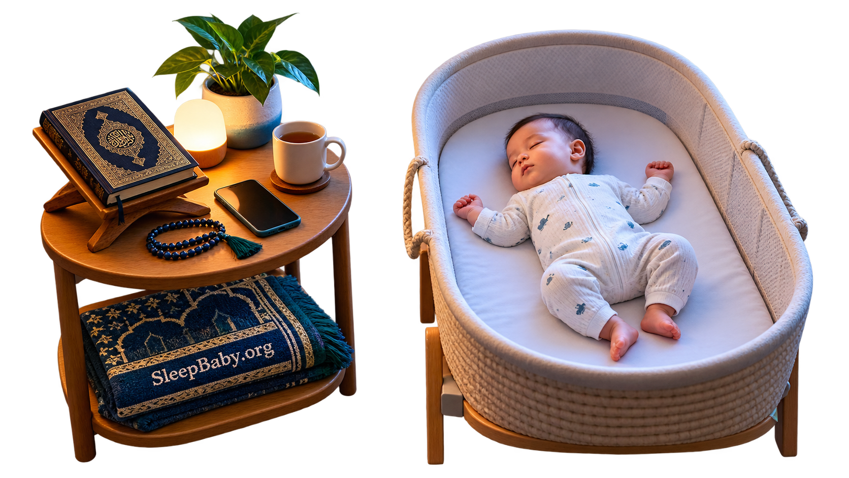 Transparent rail keeps the Quran, prayer mat, light, phone and beads in the adult zone beside baby sleeping on the back in an empty bassinet.