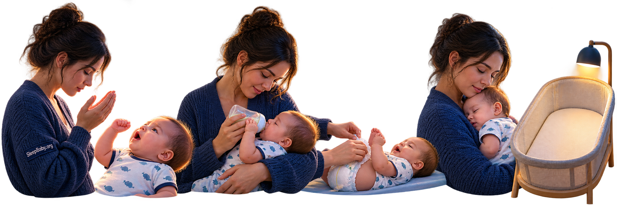 Transparent night rail moves from quiet supplication through feeding and diaper care to a completely empty bassinet.
