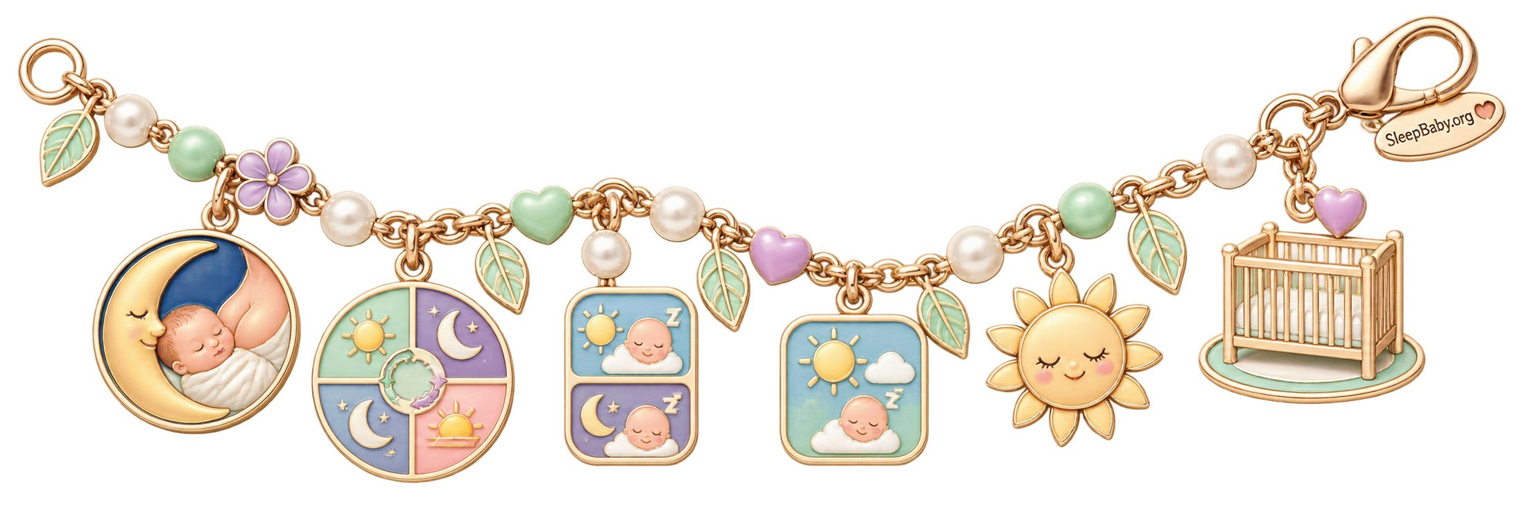 Charm strand showing newborn sleep, changing day-night cycles, nap transitions, morning light, and an empty crib