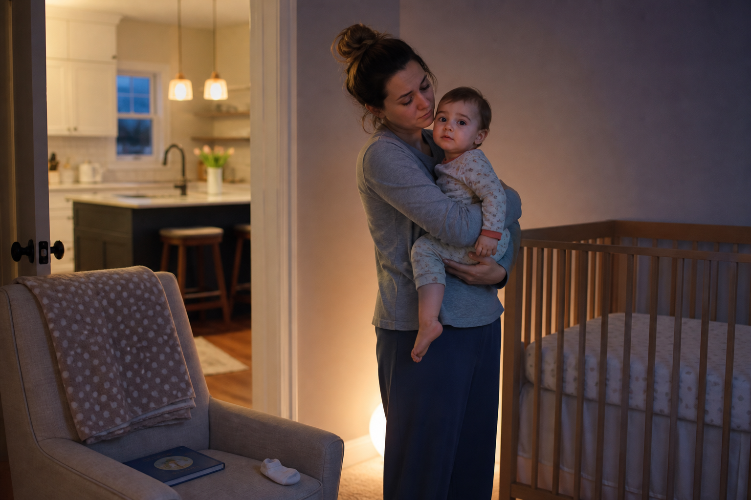 Caregiver begins pajamas beside an empty crib while the household evening remains bright