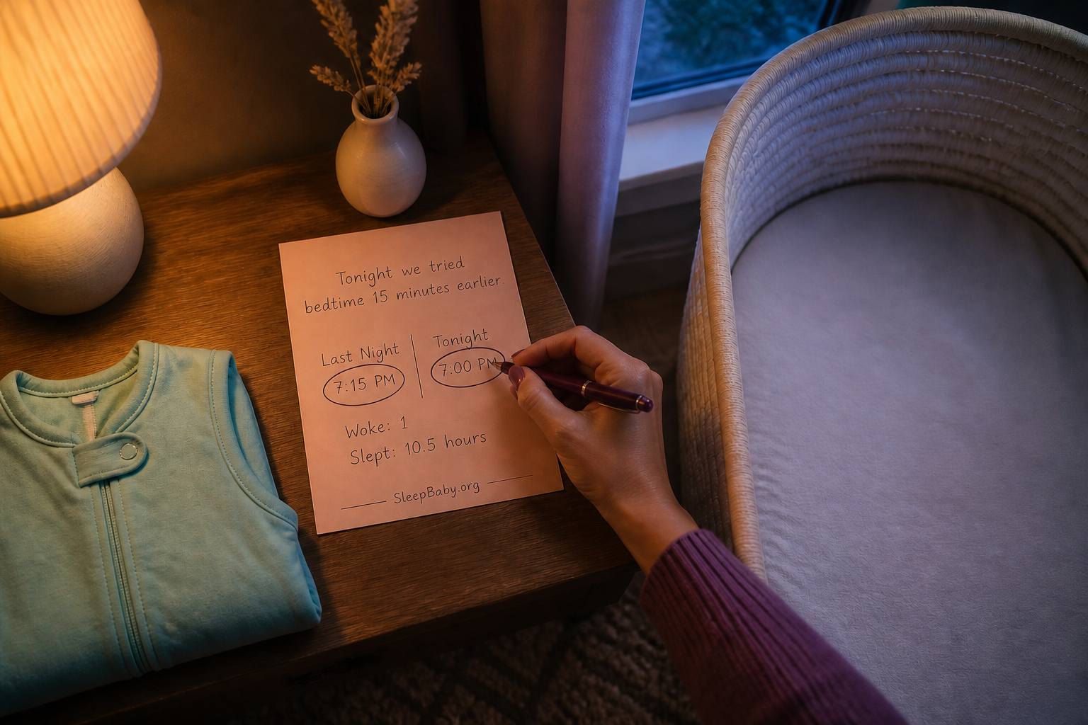 A hand compares 7:15 PM with 7:00 PM on a bedtime note beside a folded sleep sack and empty bassinet