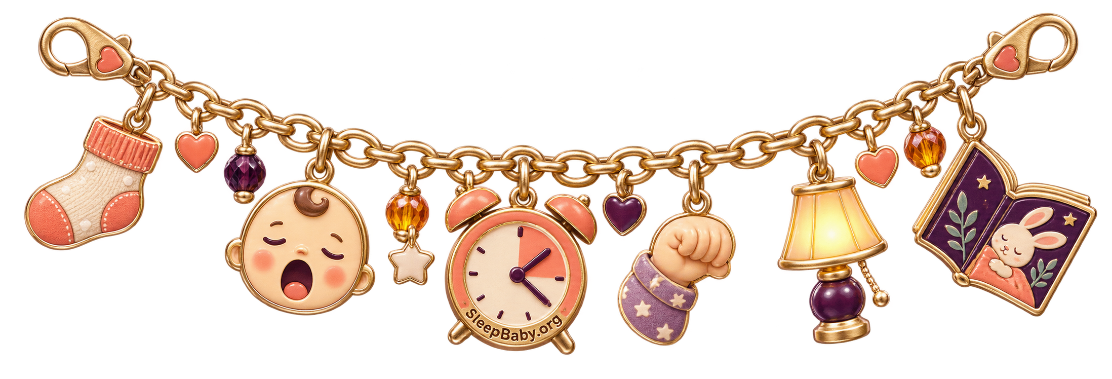 Charm strand with a loose sock, yawning baby, short-nap clock, rubbing hand, lamp, and bedtime book
