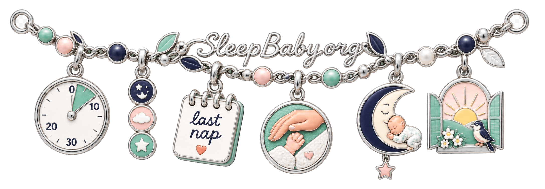Silver charm strand with a ten-minute clock, evening dots, last-nap note, settling hand, first sleep crescent, and morning window