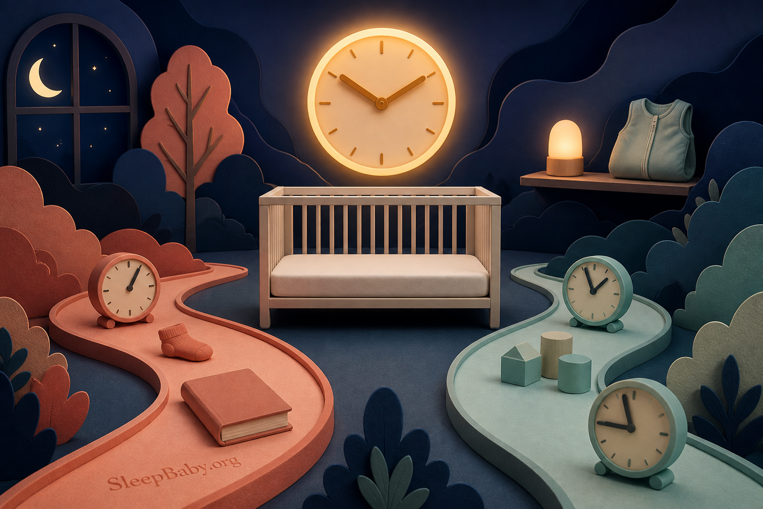 Coral and mint timing paths with nap clocks, a loose sock, play blocks, and a safe empty crib under a glowing evening clock