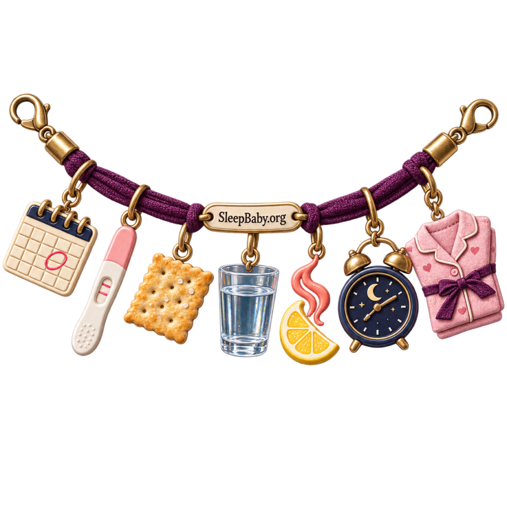 Early pregnancy clue charms lead toward a bedside clock and folded pajamas.