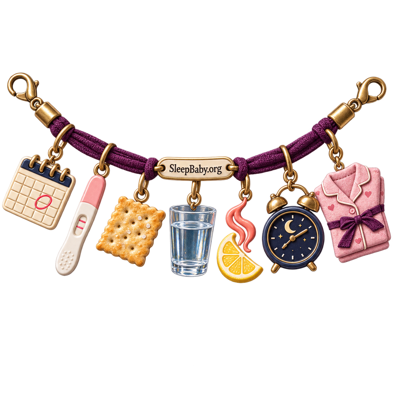 Early pregnancy clue charms lead toward a bedside clock and folded pajamas.
