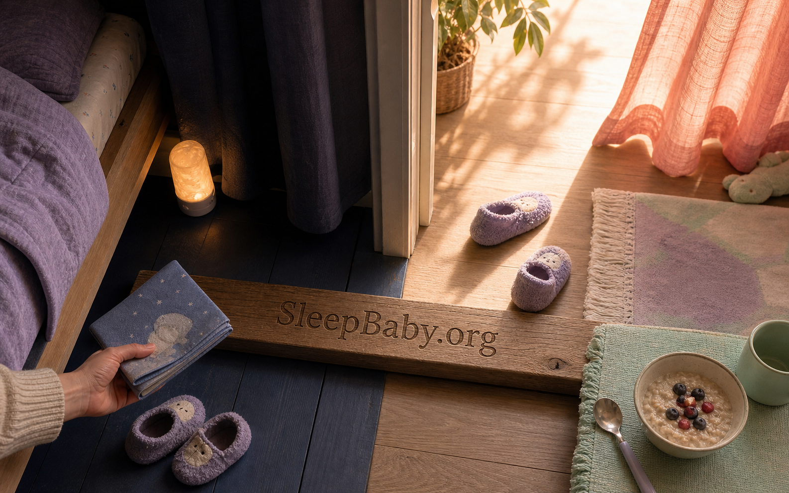A wooden threshold separates a dim nightlight and bedtime book from sunlight, slippers, and breakfast.