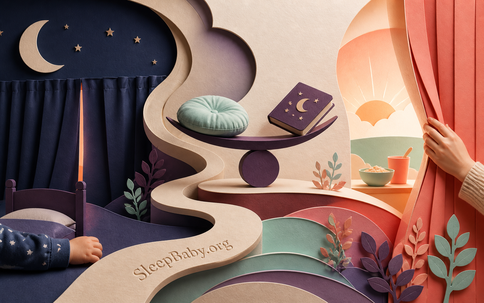A dimensional dawn map links dark curtains, nap pressure, bedtime, and household morning cues.