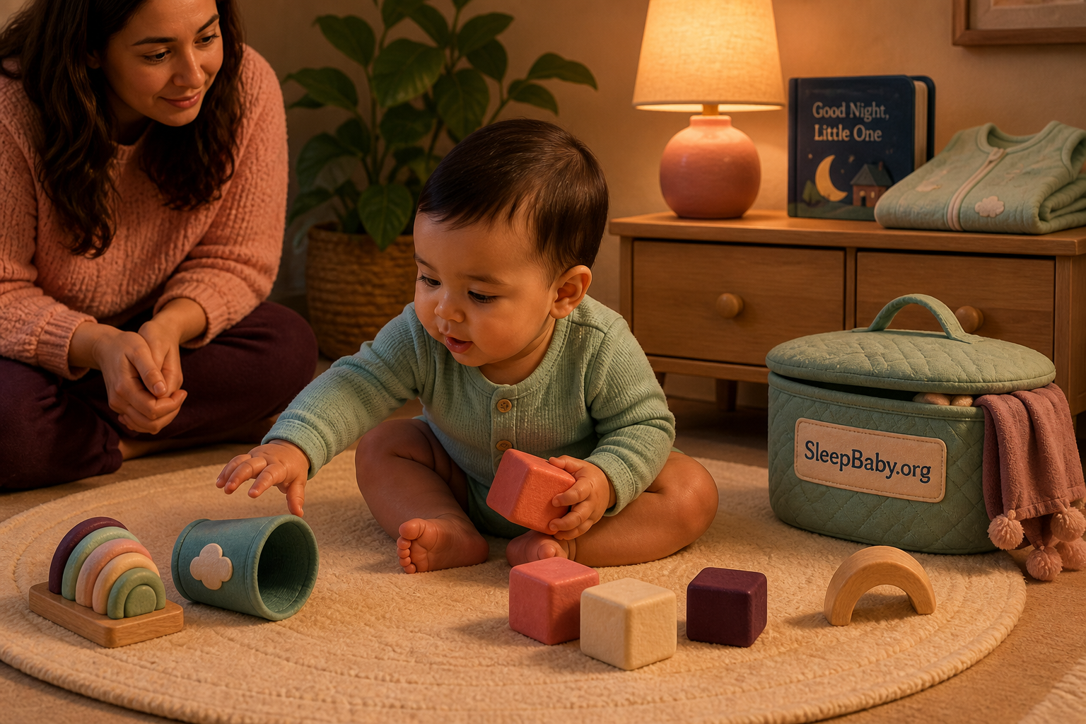 An eight-month-old explores sitting, reaching and block transfer during evening floor play.